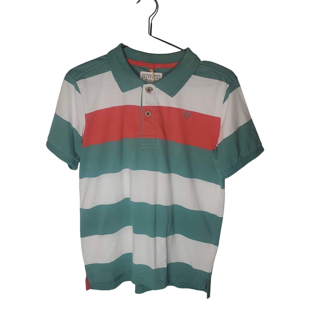 NWT Fat Face Youth Boys Striped Polo Shirt Green White Coral Size 12-13